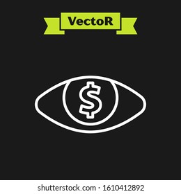 White line Eye with dollar icon isolated on black background.  Vector Illustration