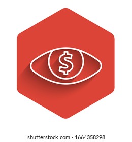 Weißes Auge mit Dollar-Symbol einzeln auf langen Schatten. Roter Hexagon-Knopf. Vektorillustration-Illustration