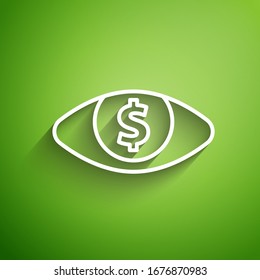 White line Eye with dollar icon isolated on green background.  Vector Illustration