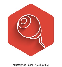 White line Eye icon isolated with long shadow. Happy Halloween party. Red hexagon button. Vector Illustration
