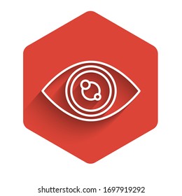 White line Eye icon isolated with long shadow. Red hexagon button. Vector Illustration