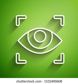 White line Eye scan icon isolated on green background. Scanning eye. Security check symbol. Cyber eye sign.  Vector Illustration