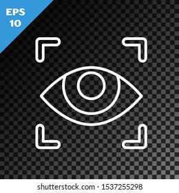 White line Eye scan icon isolated on transparent dark background. Scanning eye. Security check symbol. Cyber eye sign.  Vector Illustration