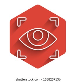 White line Eye scan icon isolated with long shadow. Scanning eye. Security check symbol. Cyber eye sign. Red hexagon button. Vector Illustration