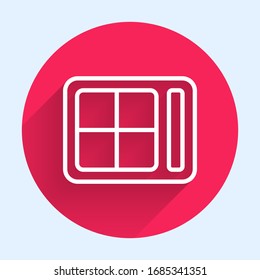 White line Eye shadow palette with brush icon isolated with long shadow. Red circle button. Vector Illustration