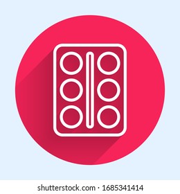 White line Eye shadow palette with brush icon isolated with long shadow. Red circle button. Vector Illustration
