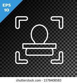 White line Face recognition icon isolated on transparent dark background. Face identification scanner icon. Facial id. Cyber security concept.  Vector Illustration