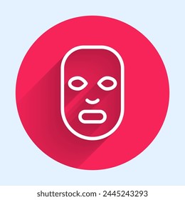 White line Facial cosmetic mask icon isolated with long shadow background. Cosmetology, medicine and health care. Red circle button. Vector