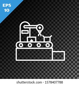 White line Factory conveyor system belt with cardboard boxes engineering machine icon isolated on transparent dark background. Robot industry concept.  Vector Illustration