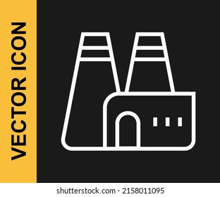 White line Factory production icon isolated on black background. Industrial building.  Vector