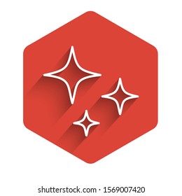 White line Falling star icon isolated with long shadow. Shooting star with star trail. Meteoroid, meteorite, comet, asteroid, star icon. Red hexagon button. Vector Illustration