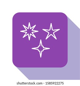White line Falling star icon isolated on white background. Meteoroid, meteorite, comet, asteroid, star icon. Purple square button. Vector Illustration