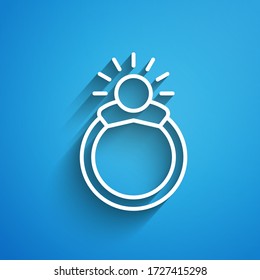 White line Fantasy magic stone ring with gem icon isolated on blue background. Long shadow. Vector Illustration