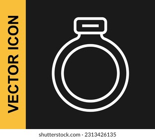 White line Fantasy magic stone ring with gem icon isolated on black background.  Vector