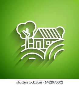 White line Farm House concept icon isolated on green background. Rustic farm landscape.  Vector Illustration