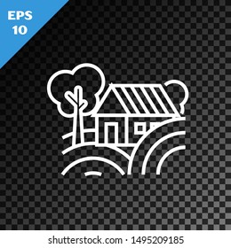 White line Farm House concept icon isolated on transparent dark background. Rustic farm landscape.  Vector Illustration