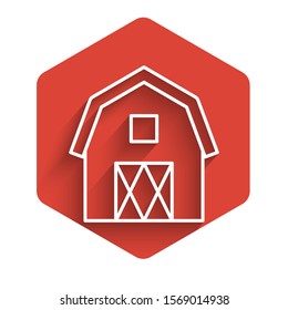 White line Farm House concept icon isolated with long shadow. Rustic farm landscape. Red hexagon button. Vector Illustration