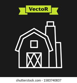 White line Farm House concept icon isolated on black background. Rustic farm landscape.  Vector Illustration
