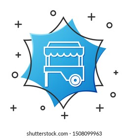 White line Fast street food cart with awning icon isolated on white background. Urban kiosk. Blue hexagon button. Vector Illustration White line Fast street food cart with awning icon isolated on white background. Urban kiosk. Blue hexagon button. Vector Illustration
