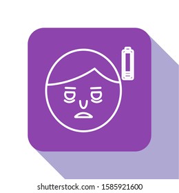 White line Fatigue icon isolated on white background. No energy. Stress symptom. Negative space. Purple square button. Vector Illustration