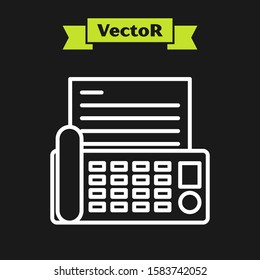 White line Fax machine icon isolated on black background. Office Telephone.  Vector Illustration