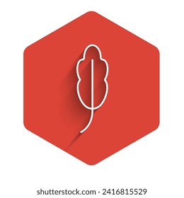 White line Feather icon isolated with long shadow background. Red hexagon button. Vector