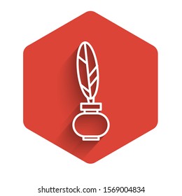 White line Feather and inkwell icon isolated with long shadow. Red hexagon button. Vector Illustration