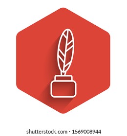 White line Feather and inkwell icon isolated with long shadow. Red hexagon button. Vector Illustration
