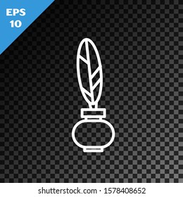 White line Feather and inkwell icon isolated on transparent dark background.  Vector Illustration