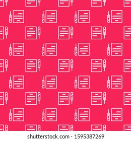 White line Feather pen and paper scroll icon isolated seamless pattern on red background.  Vector Illustration