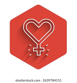 White line Feminism icon isolated with long shadow background. Fight for freedom, independence, equality. Red hexagon button. Vector