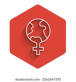 White line Feminism in the world icon isolated with long shadow background. Fight for freedom, independence, equality. Red hexagon button. Vector