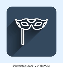 White line Festive mask icon isolated with long shadow background. Merry Christmas and Happy New Year. Blue square button. Vector