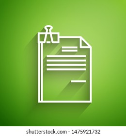 White line File document and binder clip icon isolated on green background. Checklist icon. Business concept.  Vector Illustration