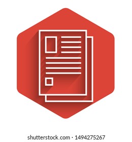 White line File document icon isolated with long shadow. Checklist icon. Business concept. Red hexagon button. Vector Illustration