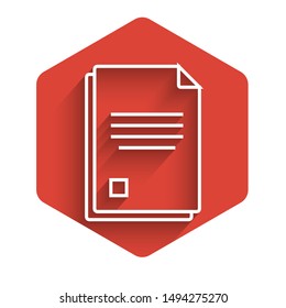 White line File document icon isolated with long shadow. Checklist icon. Business concept. Red hexagon button. Vector Illustration