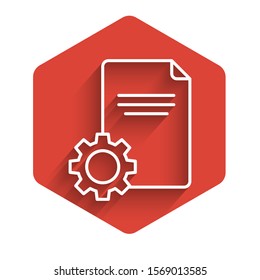 White line File document icon isolated with long shadow. Adjusting, service, setting, maintenance, repair, fixing. Red hexagon button. Vector Illustration