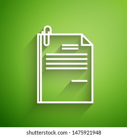 White line File document and paper clip icon isolated on green background. Checklist icon. Business concept.  Vector Illustration