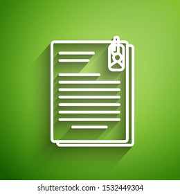 White line File document and paper clip icon isolated on green background. Checklist icon. Business concept.  Vector Illustration