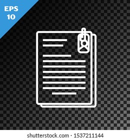 White line File document and paper clip icon isolated on transparent dark background. Checklist icon. Business concept.  Vector Illustration