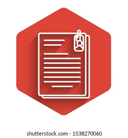 White line File document and paper clip icon isolated with long shadow. Checklist icon. Business concept. Red hexagon button. Vector Illustration