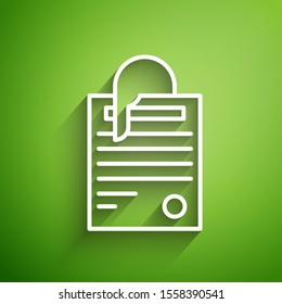 White line File document and paper clip icon isolated on green background. Checklist icon. Business concept.  Vector Illustration