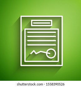White line Filled form icon isolated on green background. File icon. Checklist icon. Business concept.  Vector Illustration