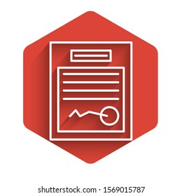 White line Filled form icon isolated with long shadow. File icon. Checklist icon. Business concept. Red hexagon button. Vector Illustration