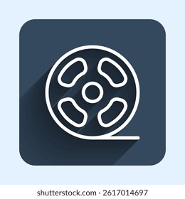 White line Film reel icon isolated with long shadow background. Blue square button. Vector