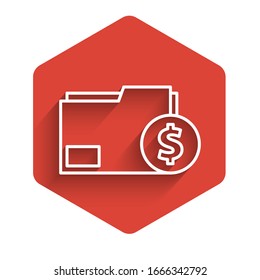 White line Finance document folder icon isolated with long shadow. Paper bank document with dollar coin for invoice or bill concept. Red hexagon button. Vector Illustration