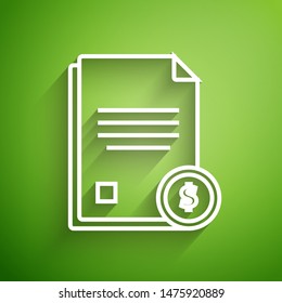 White line Finance document icon isolated on green background. Paper bank document with dollar coin for invoice or bill concept.  Vector Illustration