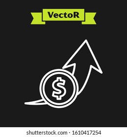 White line Financial growth and coin icon isolated on black background. Increasing revenue.  Vector Illustration
