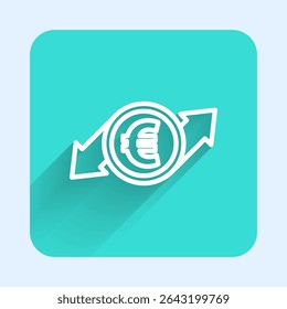 White line Financial growth and euro coin icon isolated with long shadow. Increasing revenue. Green square button. Vector Illustration