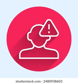 Línea blanca Encontrar un problema en el icono de psicología aislado con fondo de sombra larga. Botón de círculo rojo. Vector